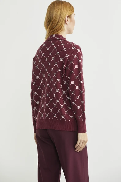 Logolu Cep Detaylı Oversize Triko Hırka - Bordo - Resim 6