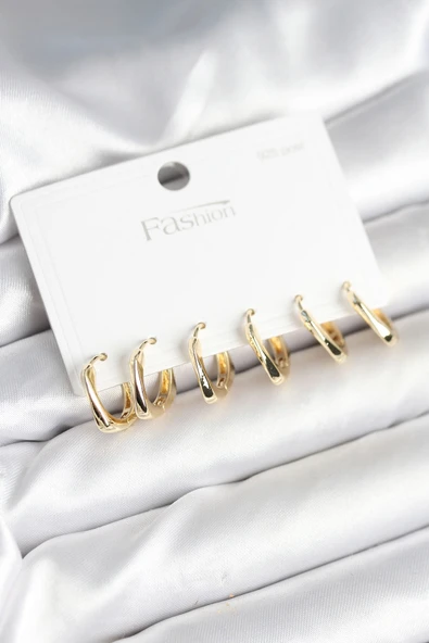 Gold Renk Pirinç Kare Halka Model 925 Ayar Gümüş Çivili Kadın Küpe Seti - TJ-BKP11266