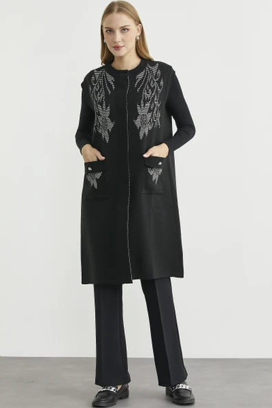 Cepli Uzun Yün Triko Yelek - Siyah - Resim 2