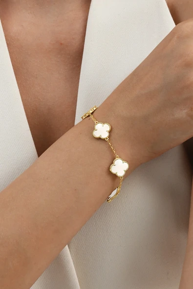 925 Ayar gümüş altın yaldızlı sedef taşlı beş motifli gümüş yonca bileklik SGTL13107BEYAZ - Resim 2