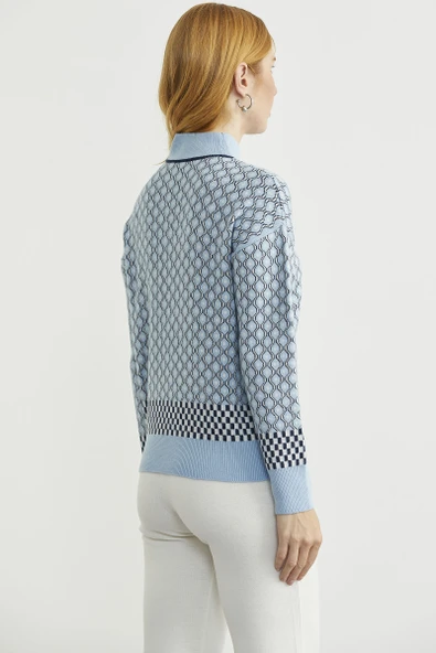 Yarım Balıkçı Renk Motifli Triko Kazak - Mavi - Resim 6