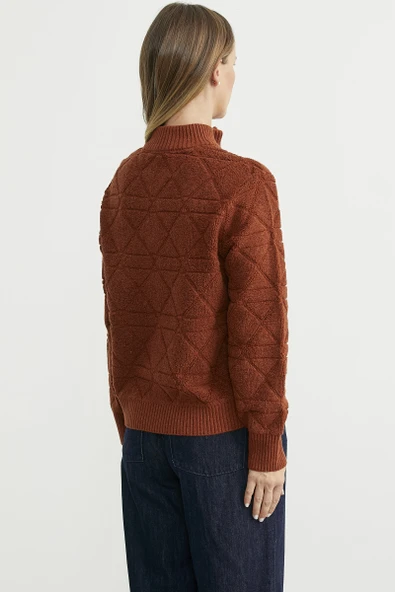 Geometrik Motifli Fermuarlı Yünlü Triko Hırka - Kiremit - Resim 5