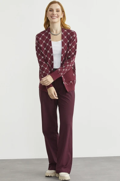 Logolu Cep Detaylı Oversize Triko Hırka - Bordo - Resim 5