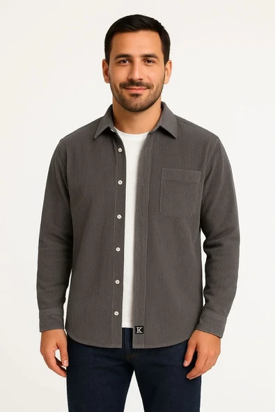 Erkek Fitilli Kadife Cepli Gömlek Oversize Rahat Kalıp - Füme - Resim 2