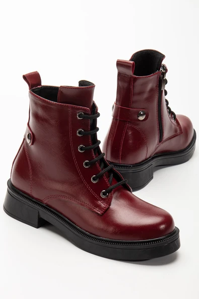 02-2003 Bordo Kırışık Rugan Bağcıklı Fermuarlı Günlük Kadın Bot - 5