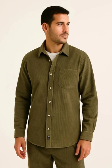 Erkek Fitilli Kadife Cepli Gömlek Oversize Rahat Kalıp - Haki - Resim 2