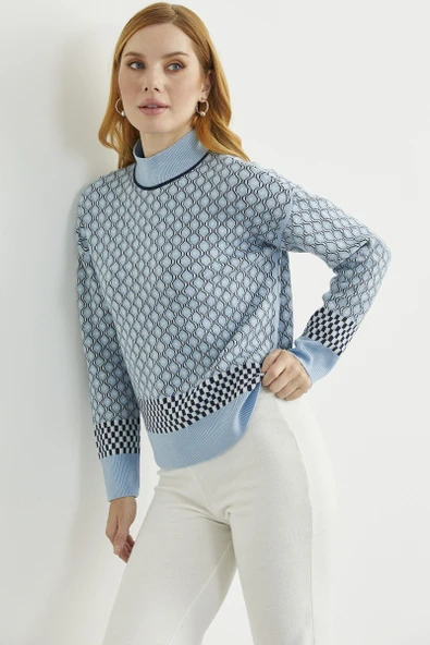 Yarım Balıkçı Renk Motifli Triko Kazak - Mavi ürün görseli 1
