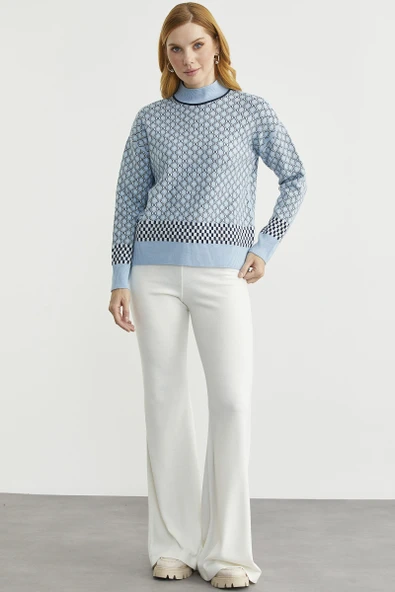 Yarım Balıkçı Renk Motifli Triko Kazak - Mavi - Resim 2