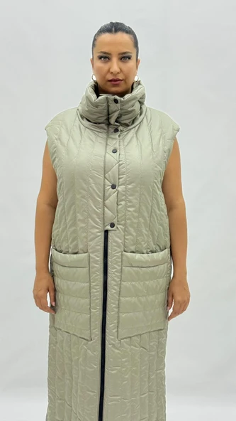 Büyük Beden Şişme Uzun Kadın Yelek - Resim 6