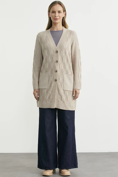 Cepli Uzun Yünlü Triko Hırka - Vizon - Resim 2