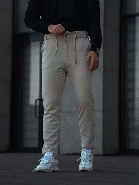 Erkek Diagonel Mikro dokulu Cepli Pantolon - Bej - Resim 5