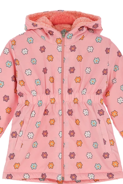 Kız Çocuk İçi Peluş Astarlı-Desenli-Kapüşonlu-Beli Lastikli Mont 12363 - Resim 3