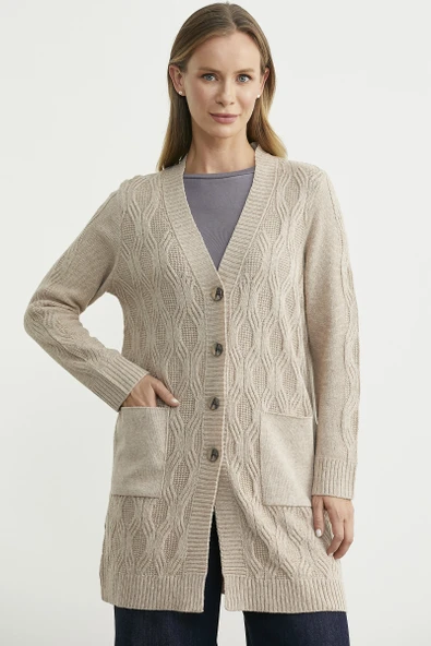 Cepli Uzun Yünlü Triko Hırka - Vizon - Resim 3