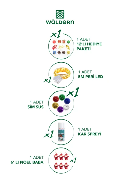 Waldern Luxury 120 Cm Yılbaşı Çam Ağaç Seti 5 Metre Peri Ledli Ve Yılbaşı Süsleri Paketi Kar Spreyi - Resim 2