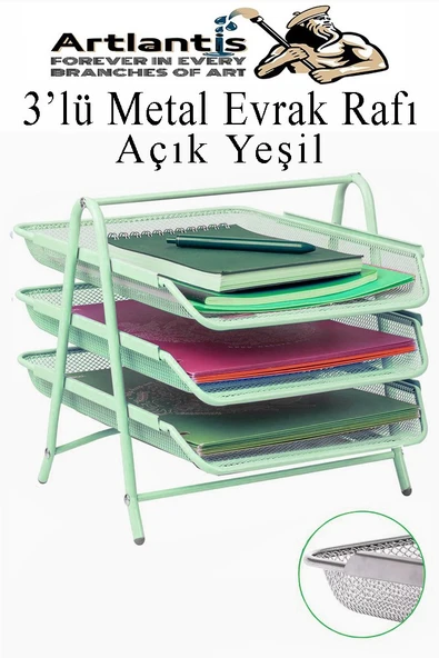 Evrak Rafı Metal 3 lü Yeşil 1 Paket Masaüstü A4 Dosya Düzenleyici Kağıt Tepsisi Metal Çelik Fileli Üç Katlı Hareketli
