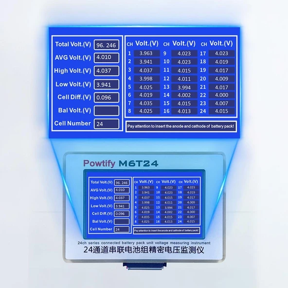 Powtify M6T24 24S Kanallı Yüksek Hassasiyetli Lityum Batarya Pil Gerçek Zamanlı Voltaj Analizörü Cihazı Aleti - 2