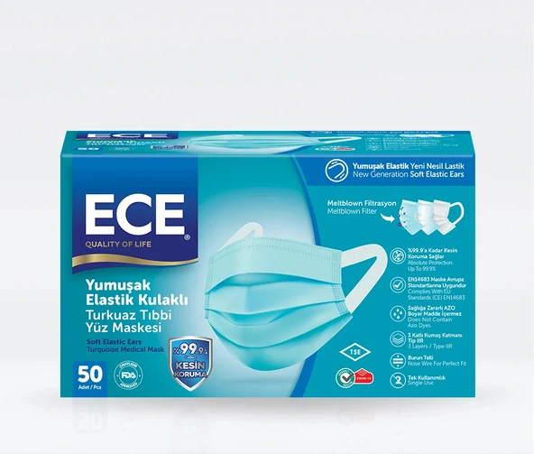 Ece 4 Katlı (Meltblown) Maske Yumuşak Elastik Yeni Nesil Lastikli (50 li) Turkuaz ürün görseli