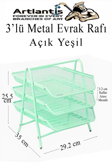 Evrak Rafı Metal 3 lü Yeşil 1 Paket Masaüstü A4 Dosya Düzenleyici Kağıt Tepsisi Metal Çelik Fileli Üç Katlı Hareketli - 5