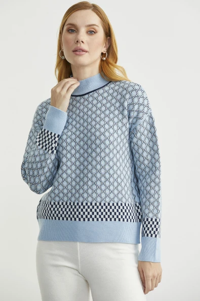 Yarım Balıkçı Renk Motifli Triko Kazak - Mavi - Resim 4