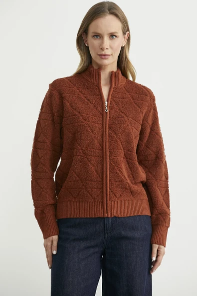 Geometrik Motifli Fermuarlı Yünlü Triko Hırka - Kiremit ürün görseli