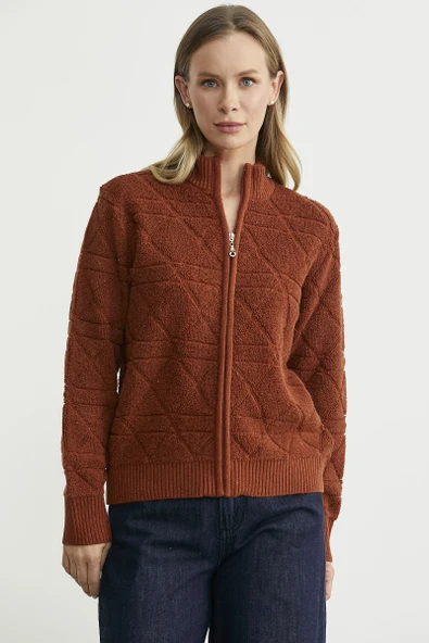 Geometrik Motifli Fermuarlı Yünlü Triko Hırka - Kiremit - Resim 2