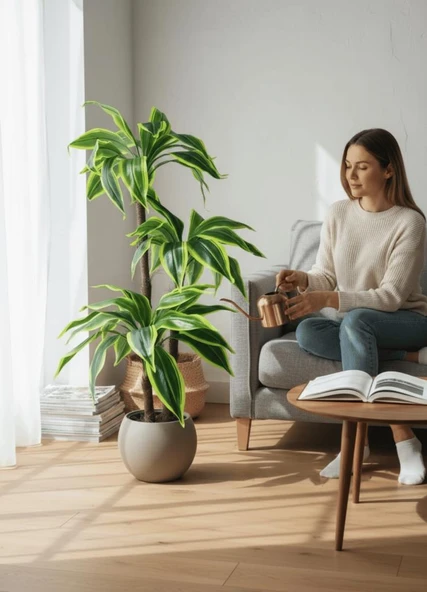 Yapay Ağaç Yukka Sarı Şeritli Draceena Ağacı Mokka Kahve Küre Saksıda 120*50cm 54 Yapraklı - 6