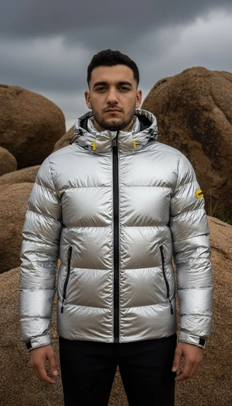 Erkek Gümüş Renk Kapüşonlu Şişme Mont – Su Geçirmez Parlak Kaban ürün görseli