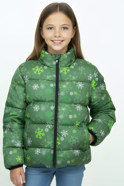 Kız Çocuk İçi Polar Astarlı-Desenli-Kapüşonlu-Fermuarlı Mont 12362 ürün görseli