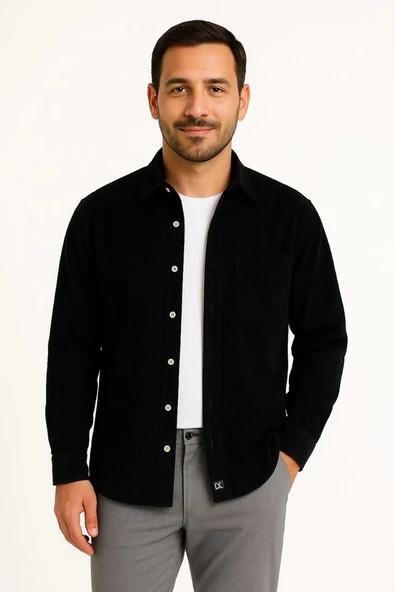 Erkek Fitilli Kadife Cepli Gömlek Oversize Rahat Kalıp - Siyah - Resim 3