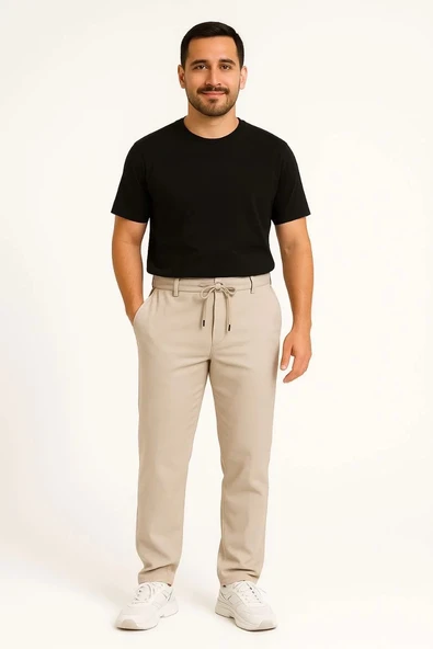 Erkek Diagonel Mikro dokulu Cepli Pantolon - Bej ürün görseli 1