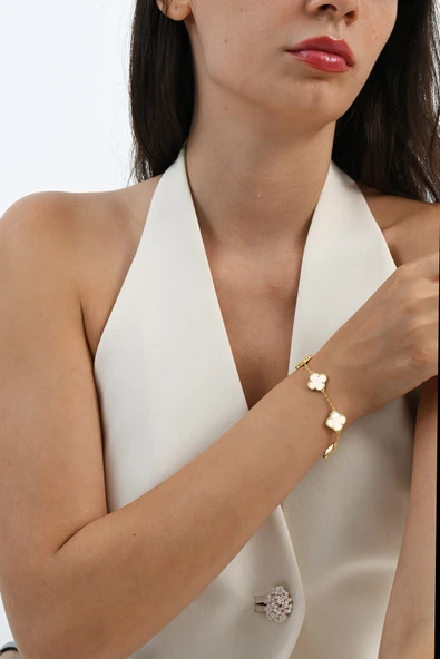 925 Ayar gümüş altın yaldızlı sedef taşlı beş motifli gümüş yonca bileklik SGTL13107BEYAZ - Resim 3