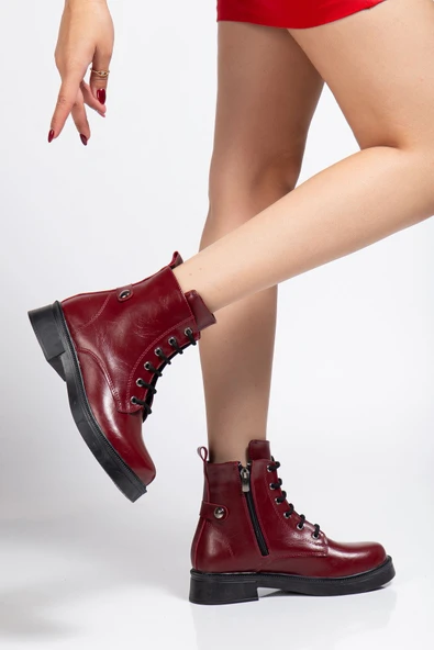 02-2003 Bordo Kırışık Rugan Bağcıklı Fermuarlı Günlük Kadın Bot - 2