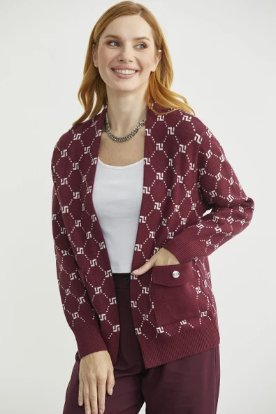 Logolu Cep Detaylı Oversize Triko Hırka - Bordo - Resim 4