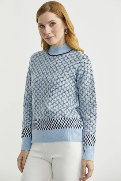 Yarım Balıkçı Renk Motifli Triko Kazak - Mavi - Resim 5