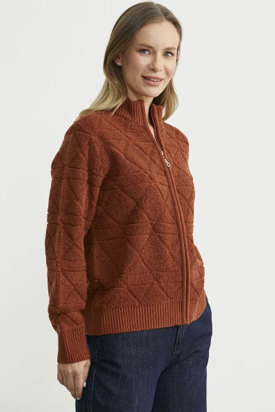 Geometrik Motifli Fermuarlı Yünlü Triko Hırka - Kiremit - Resim 3