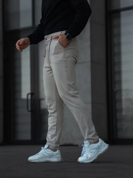 Erkek Diagonel Mikro dokulu Cepli Pantolon - Bej - Resim 3