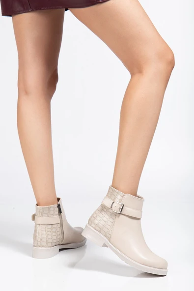165-204/1 Bej Kroko Toka Aksesuarlı Fermuarlı Günlük Kadın Bot - 2