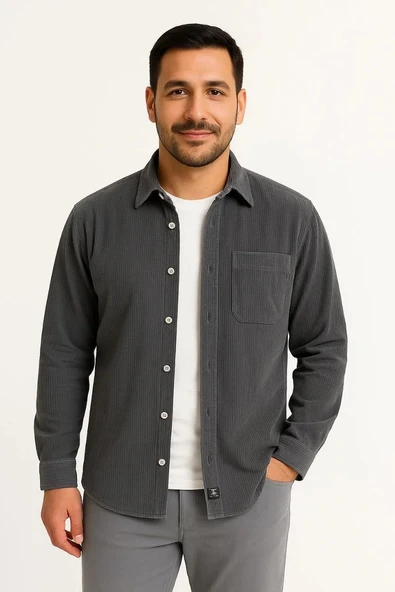 Erkek Fitilli Kadife Cepli Gömlek Oversize Rahat Kalıp - Füme - Resim 3