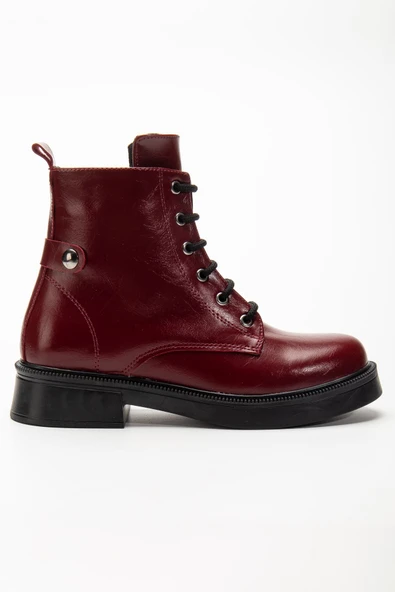 02-2003 Bordo Kırışık Rugan Bağcıklı Fermuarlı Günlük Kadın Bot - 4