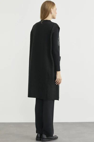 Cepli Uzun Yün Triko Yelek - Siyah - Resim 5