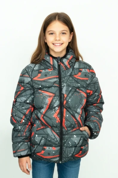 Kız Çocuk Desenli-İçi Polar Astarlı-Kapüşonlu-Fermuarlı Mont 12359 ürün görseli