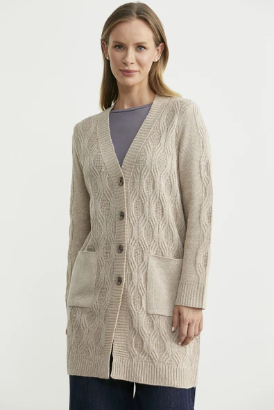 Cepli Uzun Yünlü Triko Hırka - Vizon ürün görseli