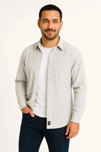 Erkek Fitilli Kadife Cepli Gömlek Oversize Rahat Kalıp - Gri - Resim 2