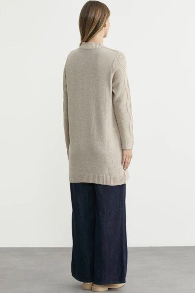 Cepli Uzun Yünlü Triko Hırka - Vizon - Resim 5