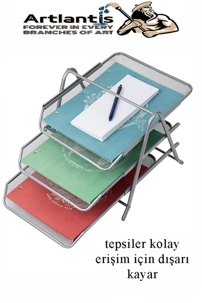 Evrak Rafı Metal 3 lü Yeşil 1 Paket Masaüstü A4 Dosya Düzenleyici Kağıt Tepsisi Metal Çelik Fileli Üç Katlı Hareketli - 4