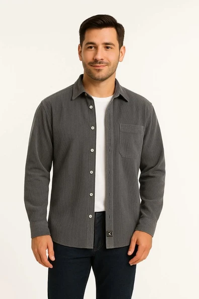 Erkek Fitilli Kadife Cepli Gömlek Oversize Rahat Kalıp - Füme ürün görseli 1