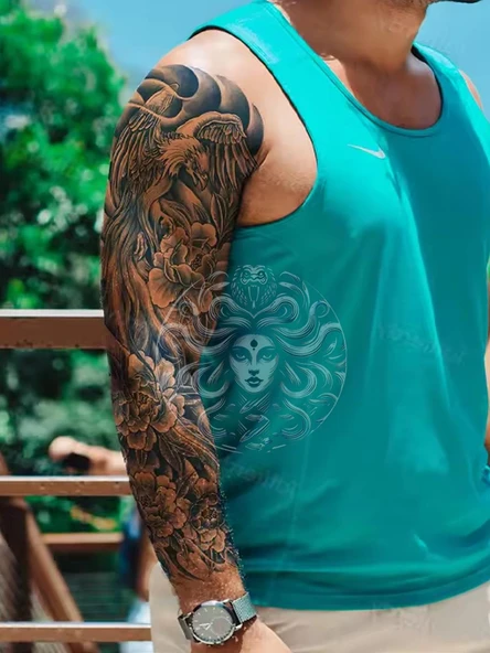 GZQB-033 YARI KALICI KARTAL VE GÜL DESEN KOL DÖVMESİ-TATTO - Resim 2