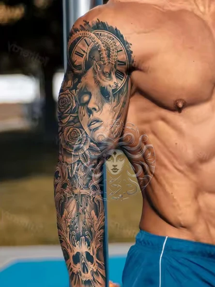 GZQB-034 YARI KALICI KEÇİ KADIN VE GÜL DESEN KOL DÖVMESİ-TATTO - Resim 2