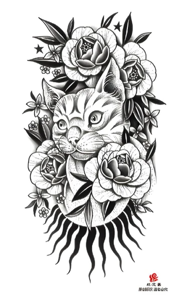 XQB-637 ORTA BOY KEDİ VE GÜL DESEN GEÇİCİ DÖVME-TATTO ürün görseli