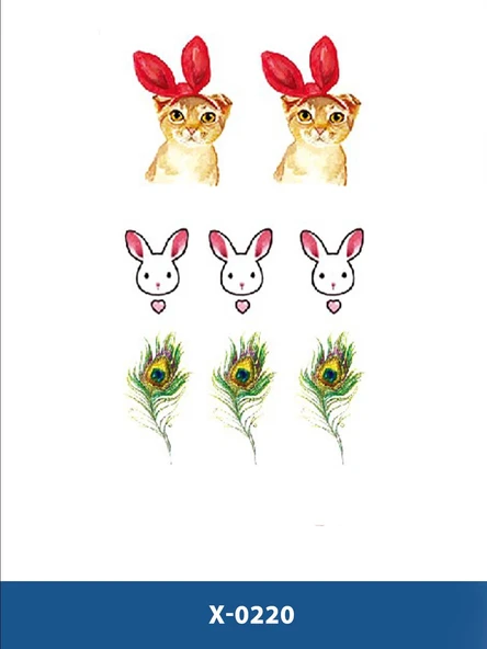 X-220 KEDİ TAVŞAN VE TÜY RENKLİ DESEN GEÇİCİ DÖVME-TATTO ürün görseli